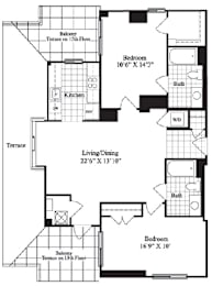 2 bed 2 bath floorplan for The Downing, at Wentworth House,North Bethesda, MD