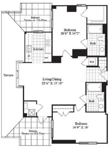 2 bed 2 bath floorplan for The Downing, at Wentworth House,North Bethesda, MD