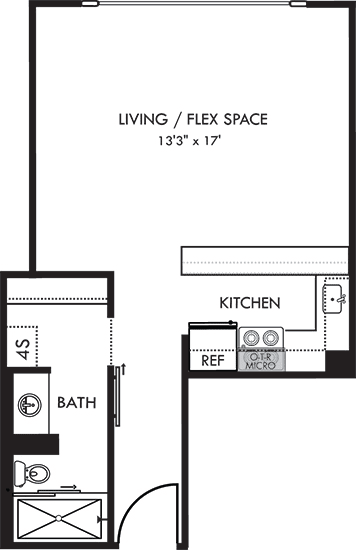The tyler studio apartment with kitchen that opens into living and flex space. 1 bath with sliding barn door, standalone shower, with linen and closet space.