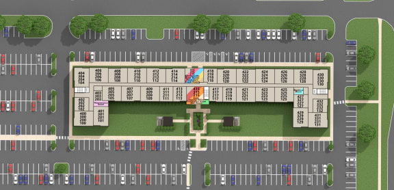 a birdseye view of a parking lot