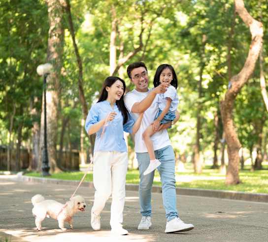 A man and woman are walking their dog in a park.