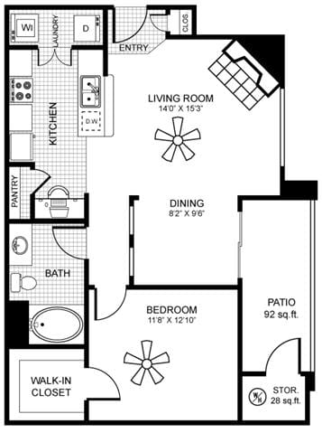 820 square Feet, 1 bedroom 1 bath, A2 Floorplan