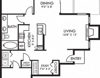 Applebrook + Attached Garage + Fenced-in Yard. 1 bedroom. Kitchen with island open to living & dinning.  Study area. 1 full bathroom, double vanity. Walk-in closet. Patio with yard. Optional fireplace
