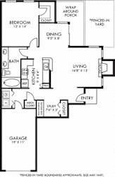 Applebrook + Attached Garage + Fenced-in Yard. 1 bedroom. Kitchen with island open to living & dinning.  Study area. 1 full bathroom, double vanity. Walk-in closet. Patio with yard. Optional fireplace