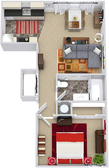 3D Clipper 1 Bedroom apartment. Kitchen opens into dining-living area. 1 full bath. hallway laundry. large closet in bedroom.