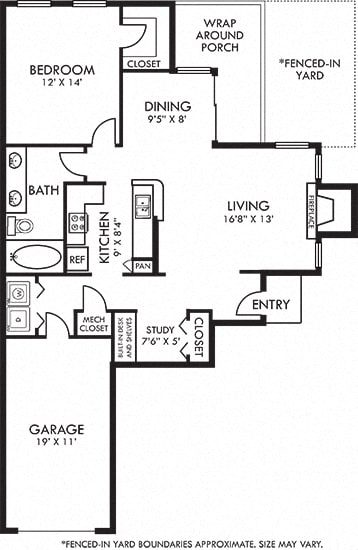 Applebrook + Attached Garage + Fenced-in Yard. 1 bedroom. Kitchen with island open to living & dinning.  Study area. 1 full bathroom, double vanity. Walk-in closet. Patio with yard. Optional fireplace