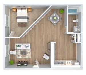 a stylized floor plan of a bedroom with a dining room