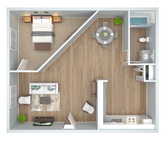 a stylized floor plan of a bedroom with a dining room