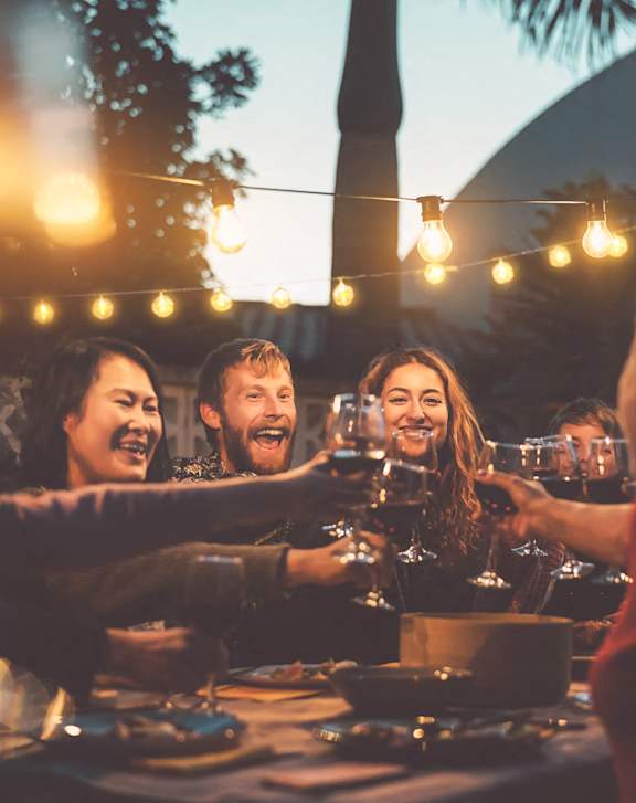 A group of people toasting with wine glasses at a dinner party.