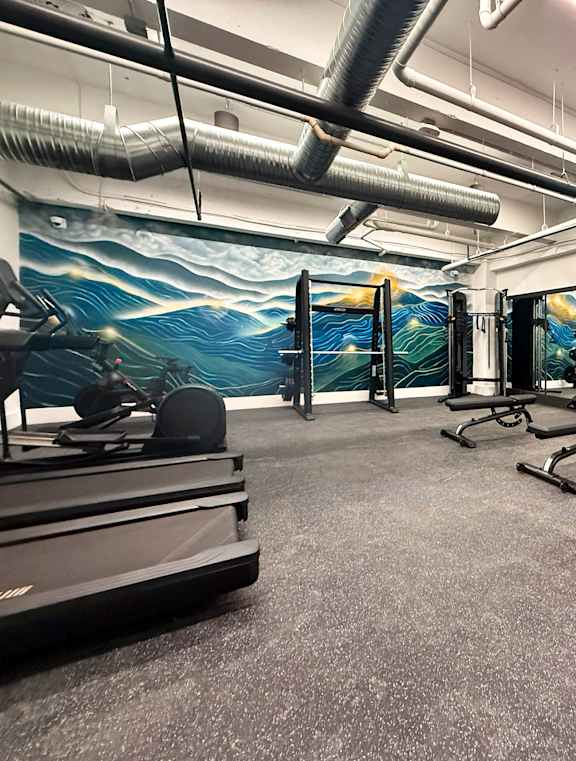 A woman is doing squats on a black box in a gym.
