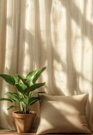 A potted plant sits on a windowsill next to a pillow.