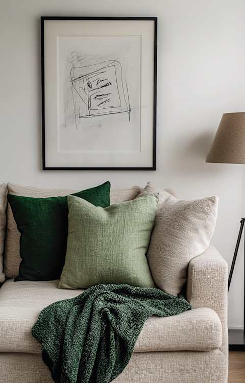 a couch with green pillows and a green blanket on it