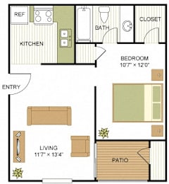 1 bed 1 bath SC- Efficiency Floor Plan at Sunset Canyon, San Antonio, TX