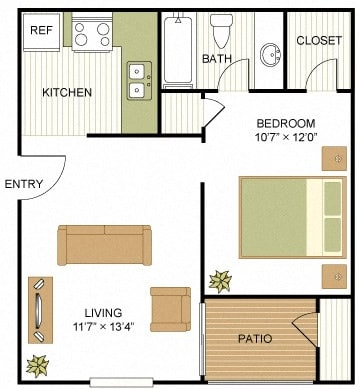 1 bed 1 bath SC- Efficiency Floor Plan at Sunset Canyon, San Antonio, TX