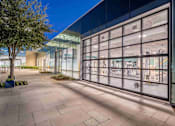 Thumbnail 2 of 24 - A modern building with glass walls and a tree in a planter box.