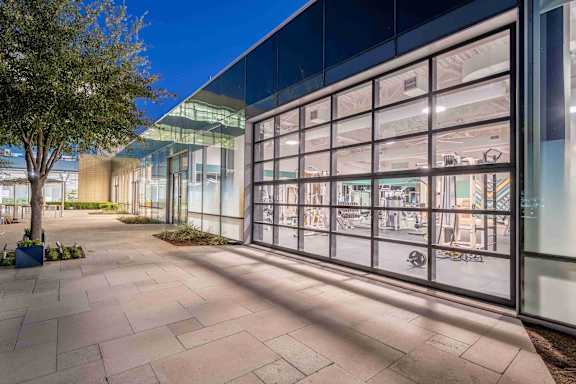 A modern building with glass walls and a tree in a planter box.