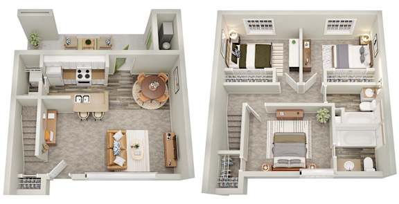 Two floor plan images of a house with a living room, kitchen, and bedrooms.