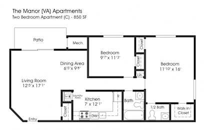  Floor Plan Manor 2BR 1.5BA (850sf)