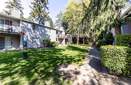 A sunny day in a well-kept apartment complex with a pathway leading to the buildings.