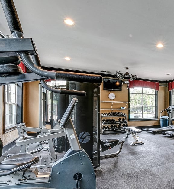 a gym with cardio machines and weights in a room with windows