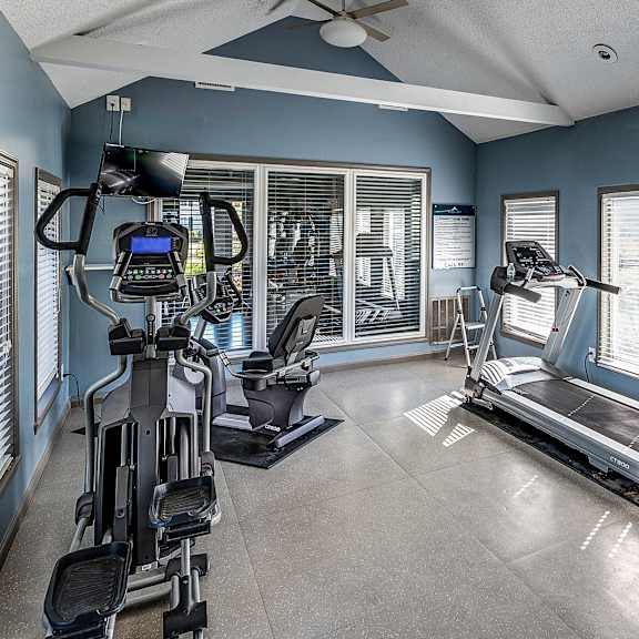 A gym with a treadmill, elliptical machines, and a fan.