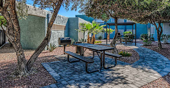 A picnic table is surrounded by trees in a courtyard.