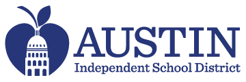 The image is a logo of Austin Independent School District featuring a stylized apple and a building. at Hangar at Bergstrom Apartments, Austin, TX 78744