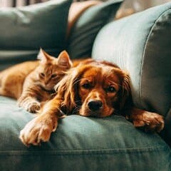 a dog and a cat laying on a couch
