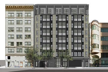 a rendering of a building on a city street