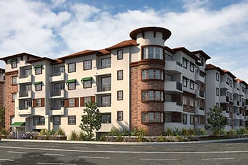 a rendering of an apartment building on a city street