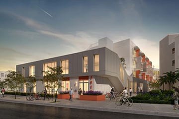 a rendering of a building with people on the street