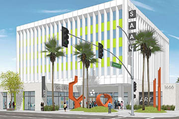 a rendering of a building with palm trees and a traffic light