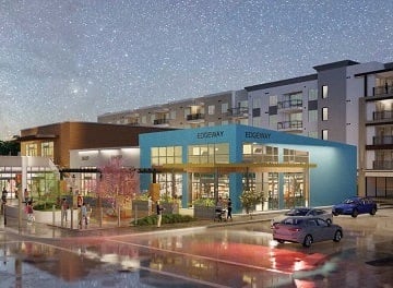 a rendering of a building with cars parked in front of it
