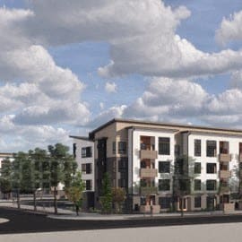 an architectural rendering of an apartment building with trees
