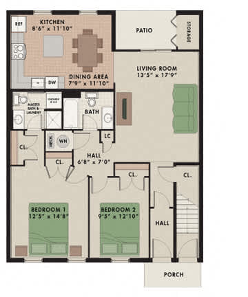 Tahoe floor plan at New Kent Apartments in West Chester, PA, offering two bedrooms and two bathrooms for a spacious and convenient living experience