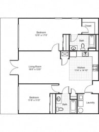 2 Bedroom 1.5 Bath 2D Floorplan-Quimby Plaza Apartments Memphis, TN