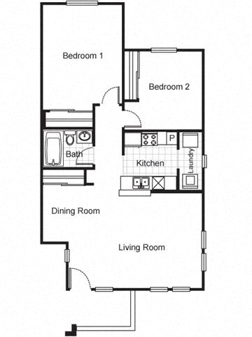 Floor Plan  2 Bedroom 1 Bath 2D Floorplan-Pueblo Del Sol Apartments Los Angeles, CA