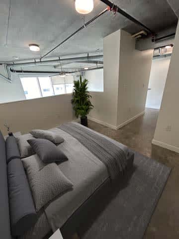 A bed with a grey comforter and pillows in a room with a concrete ceiling and a plant in the corner.