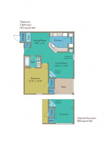 Orchard with Sunroom, 843 Square-Foot Floorplan at Abberly Twin Hickory Apartment Homes by HHHunt, Virginia, 23059