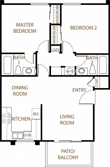 Santa Fe - 2 Bedroom 2 Bath Floor Plan Layout - 850 Square Feet