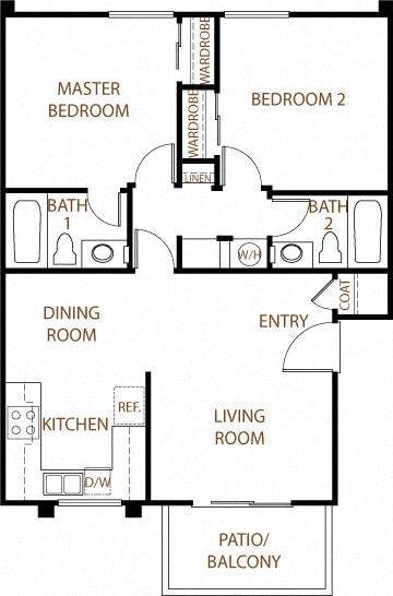 Monterey - 2 Bedroom 2 Bath Floor Plan Layout - 917 Square Feet