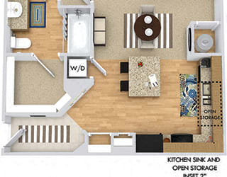 Hummingbird 3D. 1 bedroom apartment. Kitchen with island open to living/dinning rooms. 1 full bathroom. Walk-in closet. Patio/balcony.