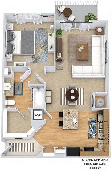 Hummingbird 3D. 1 bedroom apartment. Kitchen with island open to living/dinning rooms. 1 full bathroom. Walk-in closet. Patio/balcony.