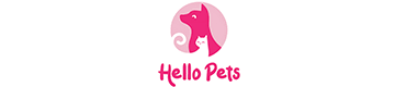 A logo with a pink cat silhouette and the words "Hello Pets" written below it.