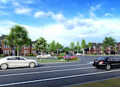 Thumbnail 8 of 8 - a rendering of a parking lot with cars in front of an apartment building