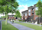 Thumbnail 1 of 8 - a rendering of an apartment complex with people walking on a sidewalk