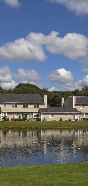 a pond in front of a building