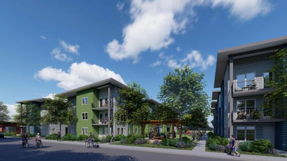 a rendering of a green apartment complex with people walking on the street