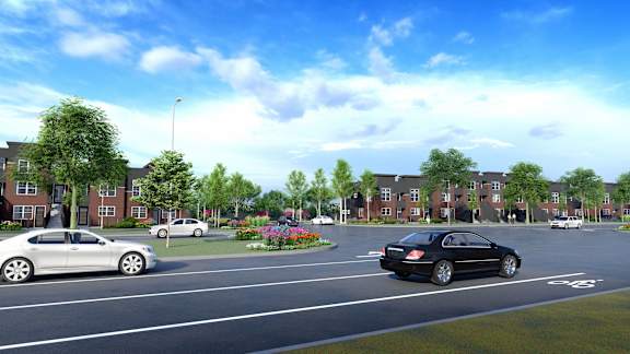 a rendering of a parking lot with cars in front of an apartment building
