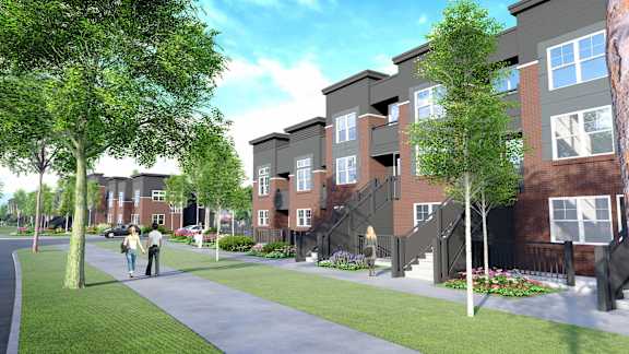 a rendering of an apartment complex with people walking on a sidewalk